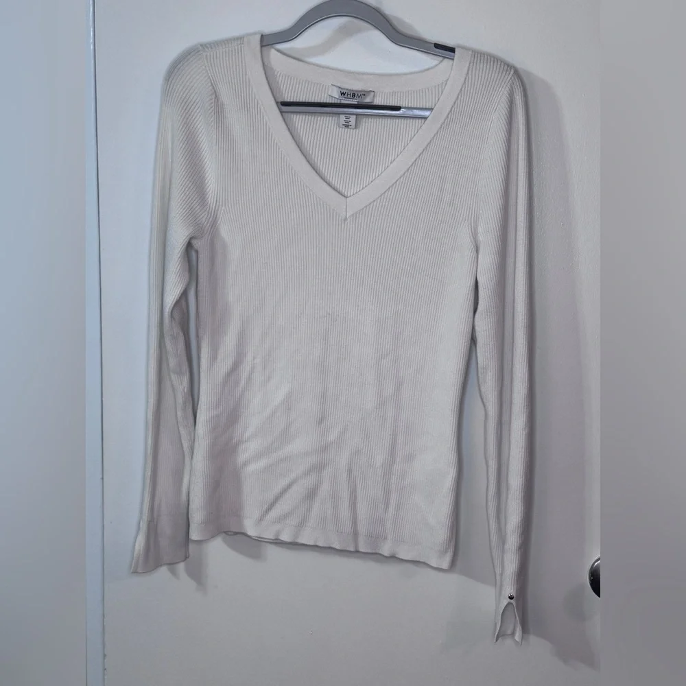 White House Black Market Cream Ribbed V-Neck Long Sleeve Tee